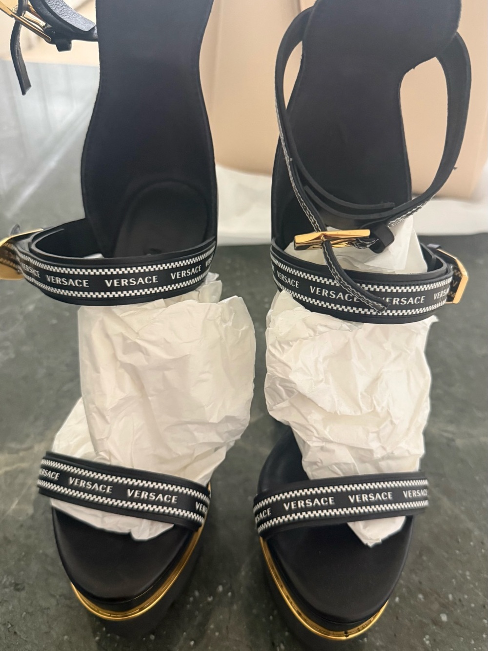 Versace Black Leather Platform Sandals with Gold Trim and Branded Straps
